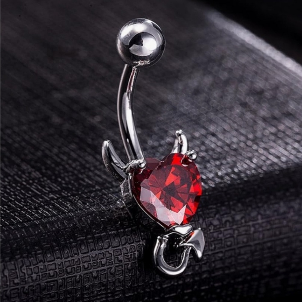 Silver and Red Heart Devil Belly Ring
